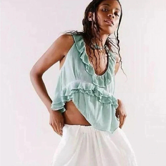 Free People If Only Tank top in mint green, Harbor, size XS, Ruffle boho shirt - Picture 1 of 11